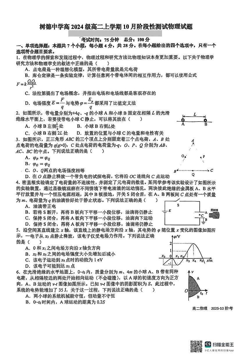 成都树德中学2025-2026学年高二上学期10月月考物理试题+答案第1页