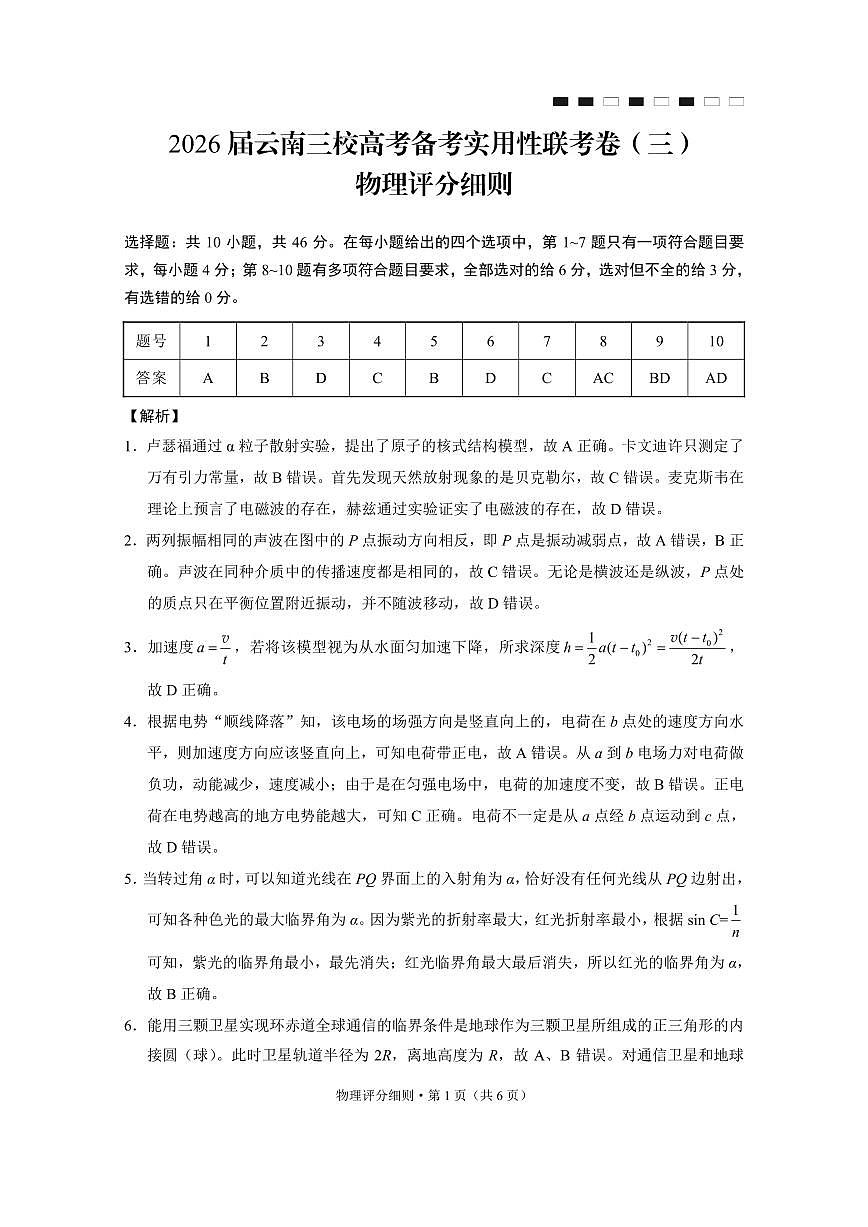 2026届云南三校高考备考实用性联考卷（三）物理答案第1页