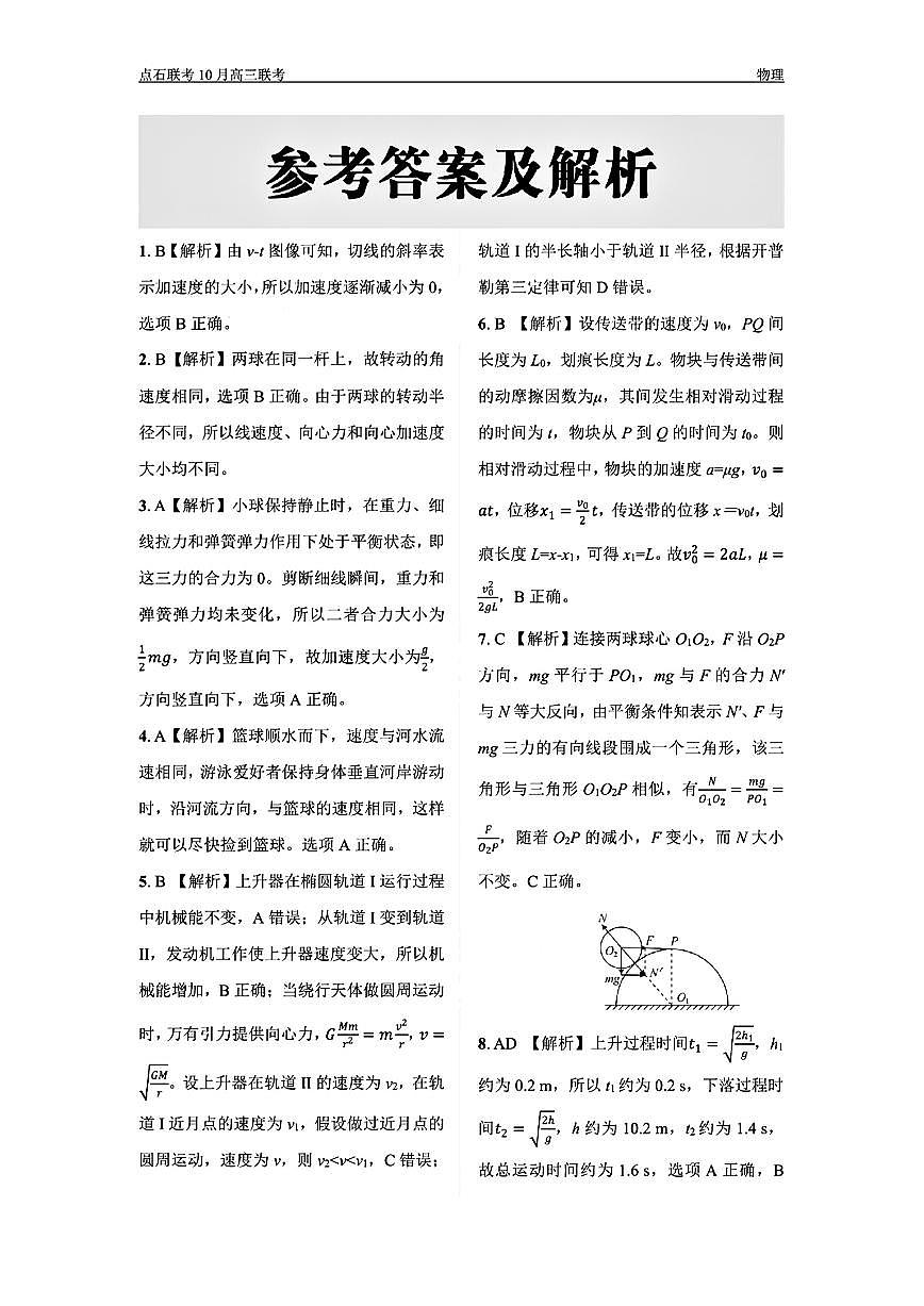 （物理答案）辽宁省点石联考2024-2025学年度上学期高三年级10月阶段考试 物理答案第1页