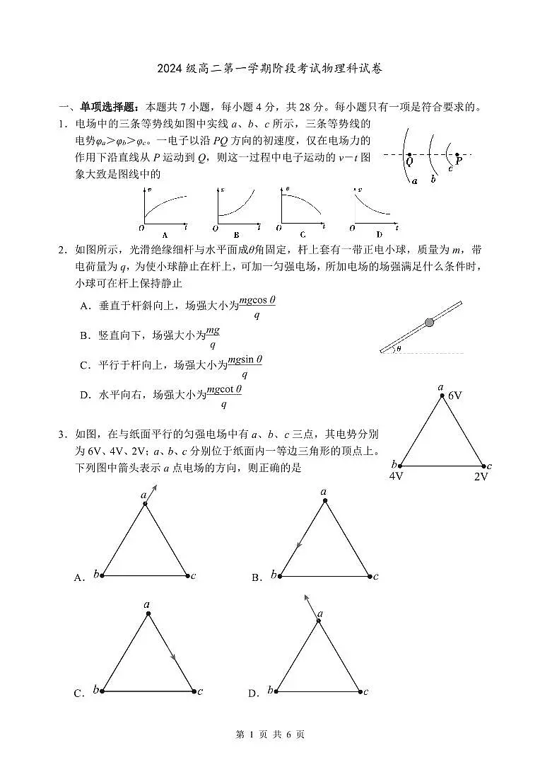 2024级高二第一学期阶段考试物理科试卷第1页