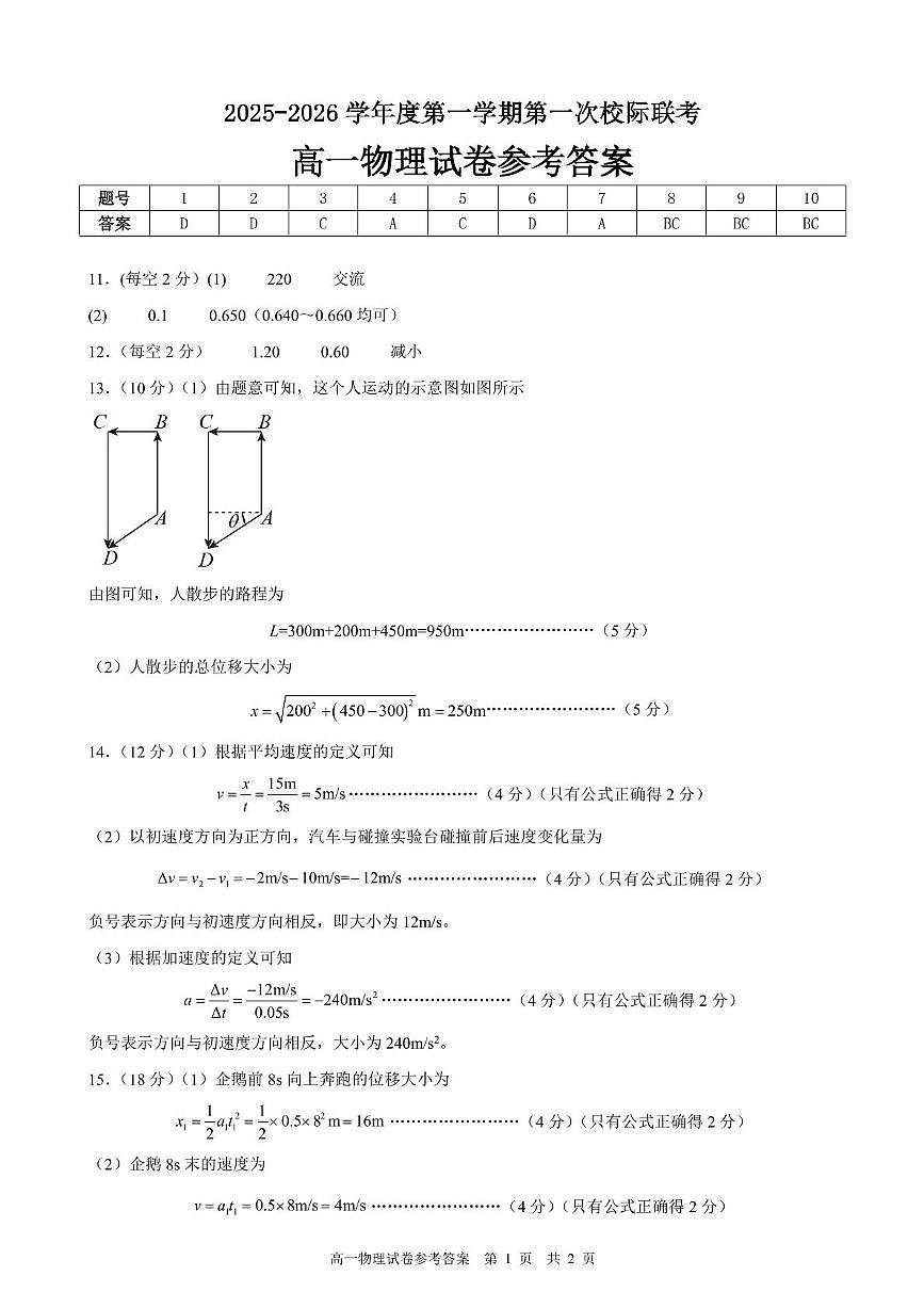 广东茂名2025-2026学年高一上学期10月校际联考物理答案第1页
