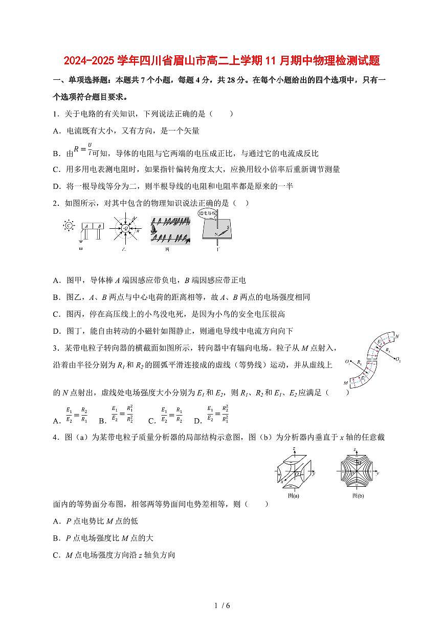 2024~2025学年度四川省眉山市高二上册11月期中物理试卷第1页