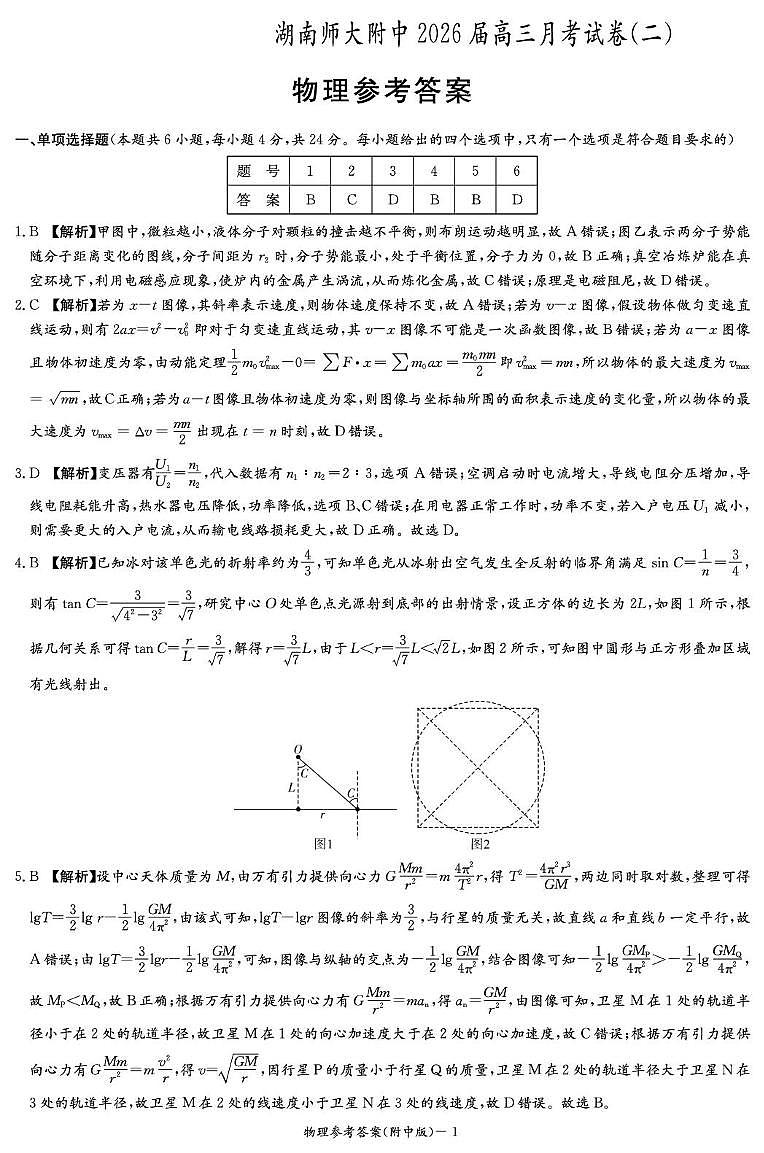 湖南师大附中2026届高三上学期月考（二） 物理答案第1页