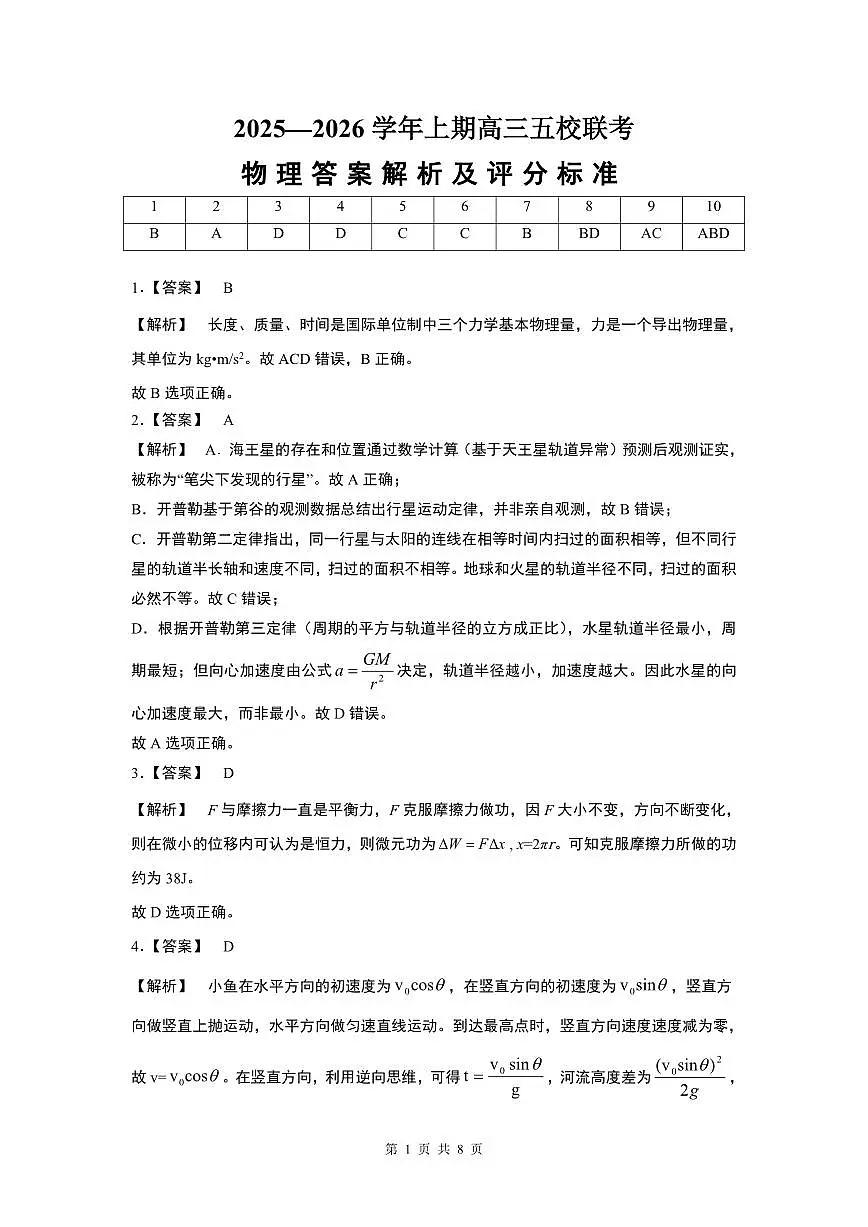 2025-2026学年上期五校十月联考物理答案第1页