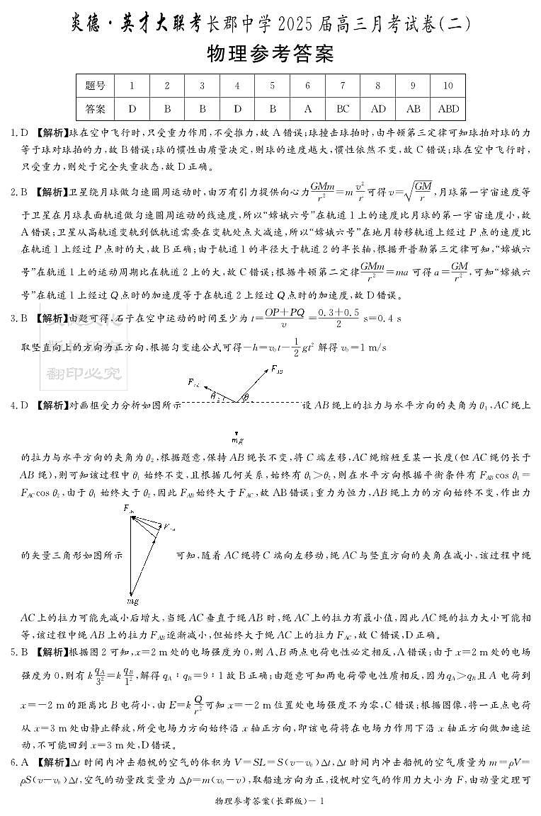 （物理答案）长郡中学2025届高三月考试卷（二） 物理答案第1页