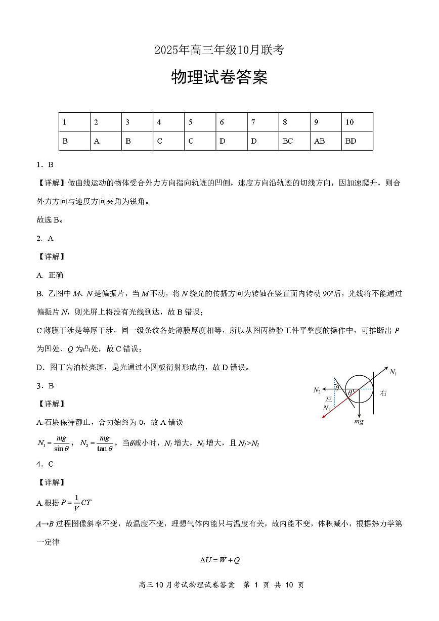 湖北云学联盟2026届高三上学期10月考试物理答案第1页