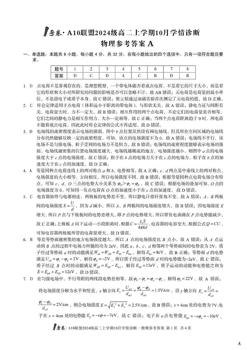 （A卷）1号卷·A10联盟2024级高二上学期10月学情诊断+物理答案A第1页