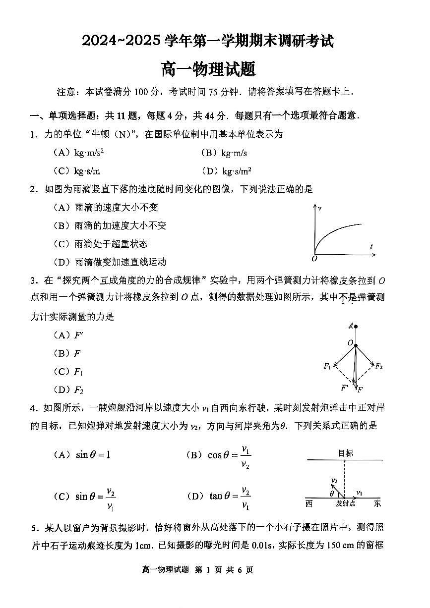 江苏省连云港市2024-2025学年高一上学期期末调研考试试题物理试卷+答案第1页