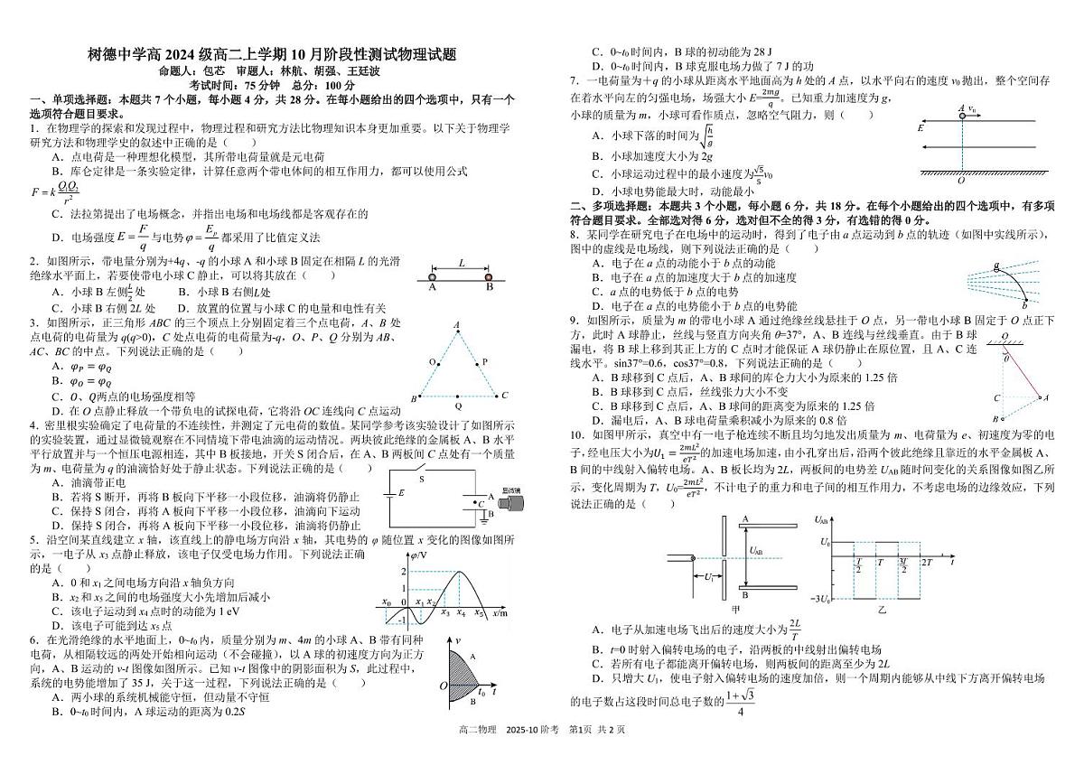 四川省成都市树德中学2025-2026学年高二上学期10月月考试题 物理 PDF版含答案（可编辑）第1页