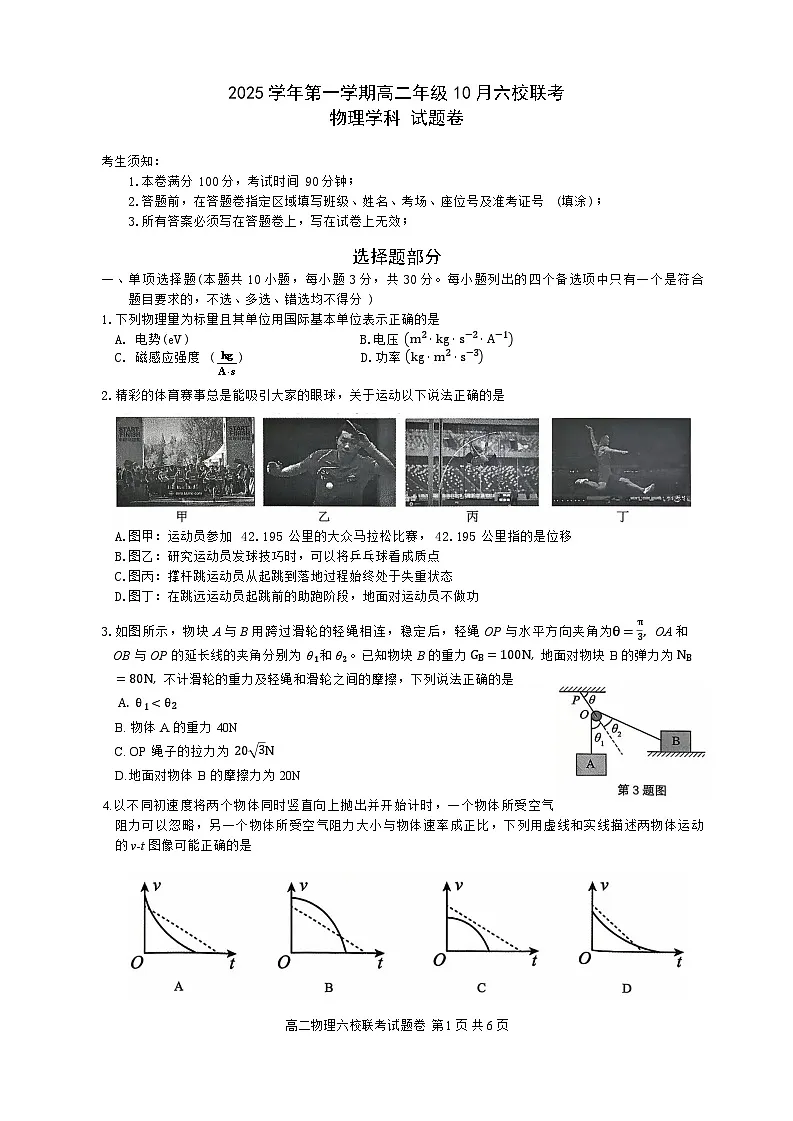 2025学年第一学期高二年级10月六校联考物理考试题卷第1页