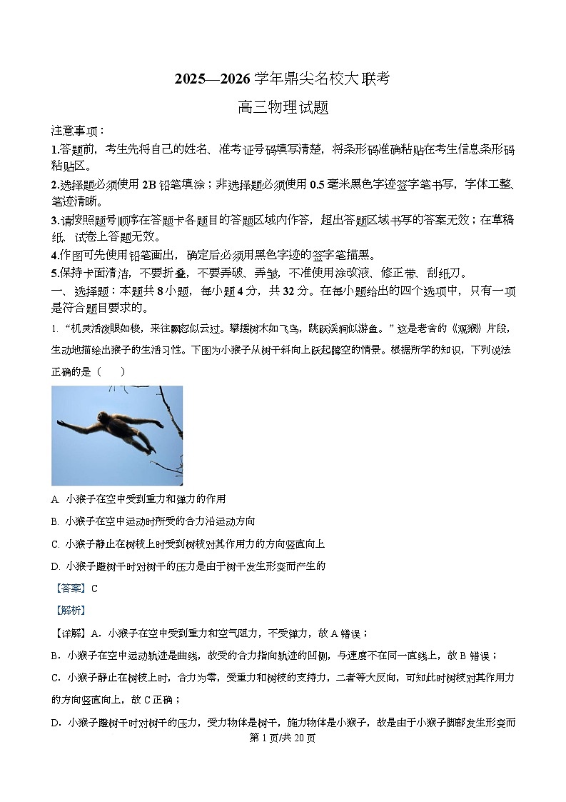 2026届安徽省顶尖名校大联考高三上学期10月月考物理试题（解析版）第1页