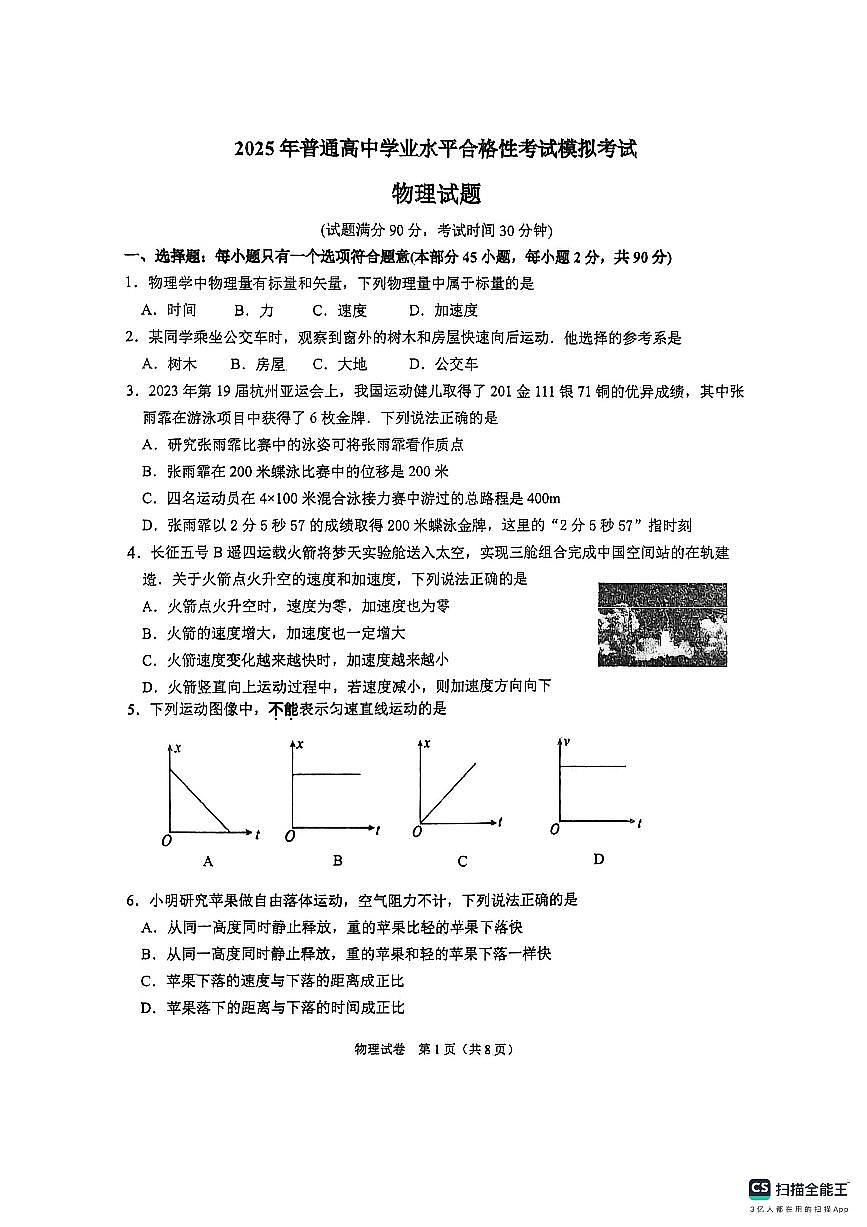 江苏省东海高级中学2025-2026学年高二上学期学业水平合格性考试模拟考试物理试题（无答案）第1页