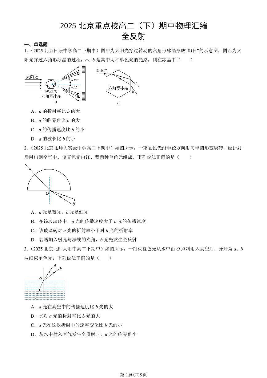 2025北京重点校高二（下）期中物理汇编：全反射第1页