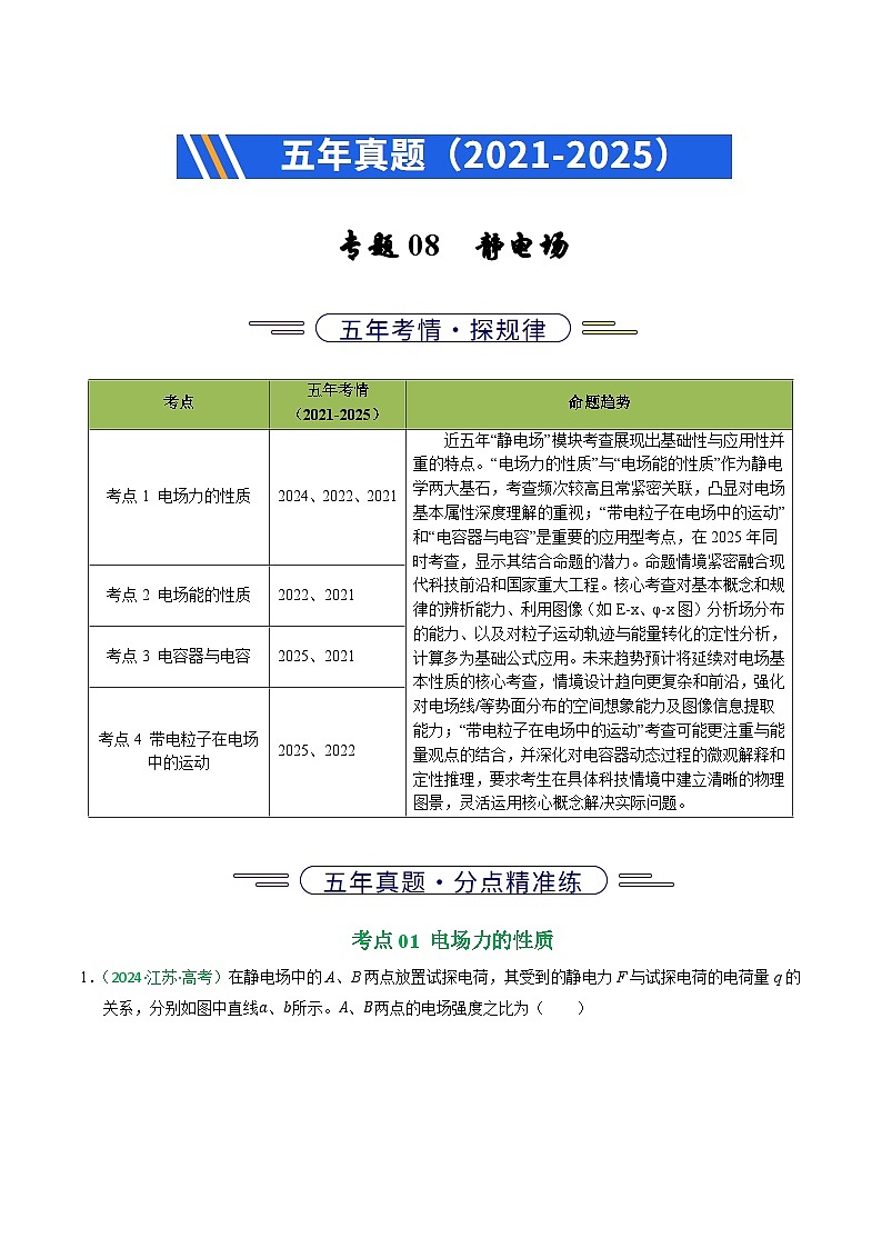 备战2026年高考近五年(2021-2025)高考物理真题分类汇编(江苏专用)专题08静电场(学生版+解析)第1页