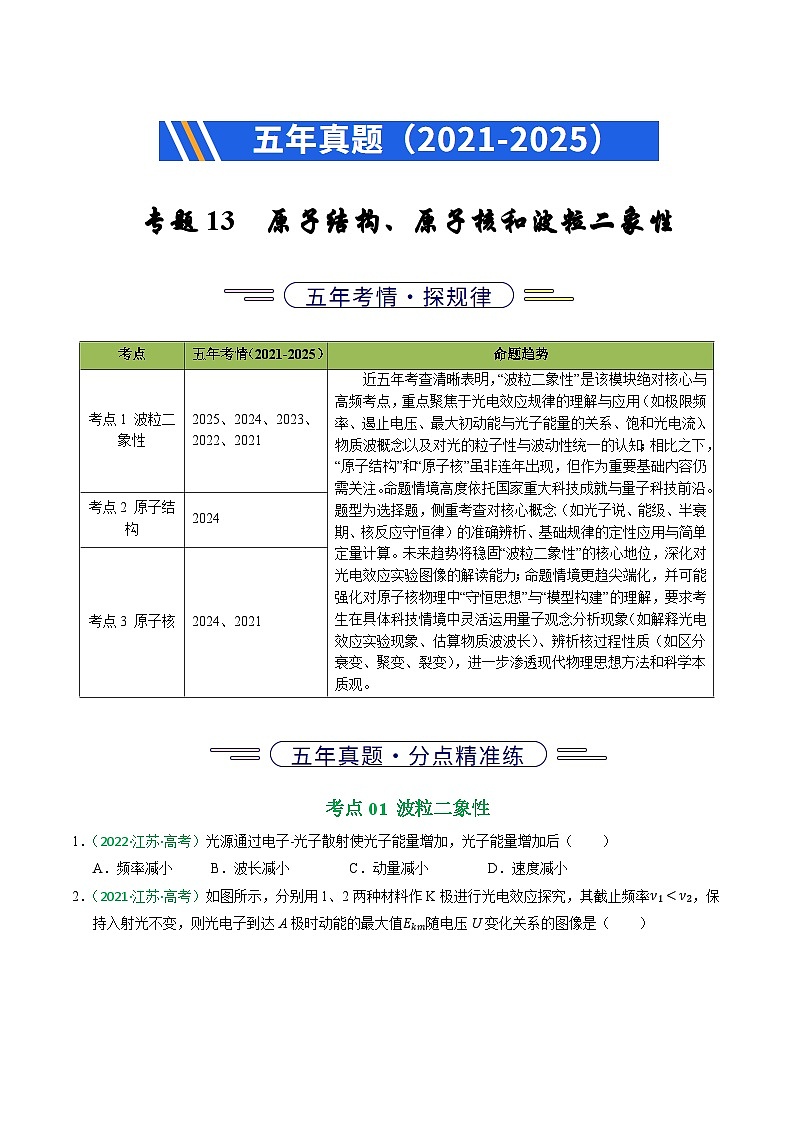 备战2026年高考近五年(2021-2025)高考物理真题分类汇编(江苏专用)专题13原子结构、原子核和波粒二象性(学生版+解析)第1页