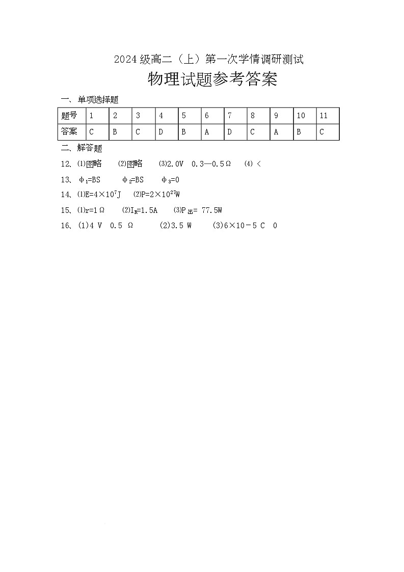高二物理 高二上第一次月考 高二物理参考答案第1页