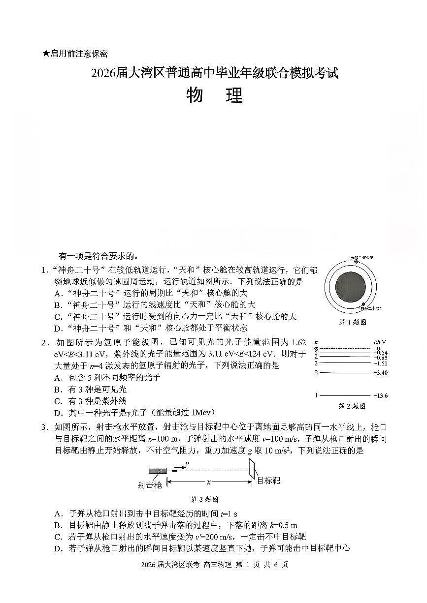 广东省大湾区2026届高三毕业年级10月联考 物理试题+答案第1页