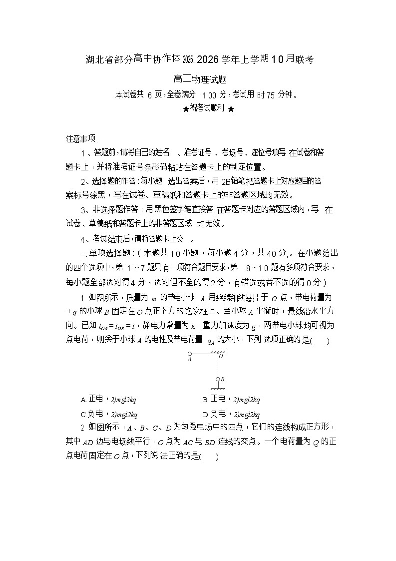 湖北省部分高中协作体2025-2026学年高二上学期10月月考物理试卷第1页