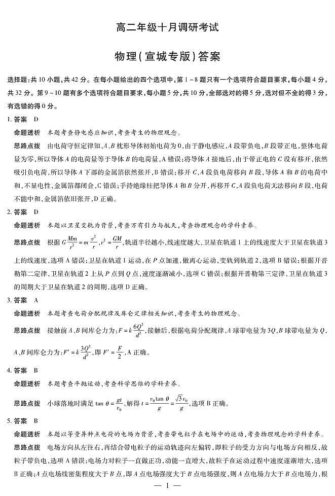 物理宣城专版+安徽高二年级十月调研考试答案第1页