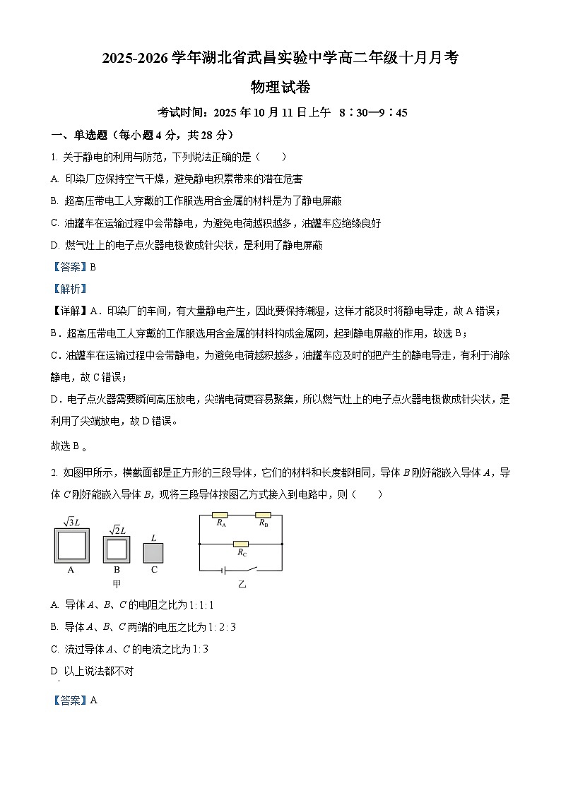 湖北省武昌实验中学2025-2026学年高二上学期10月月考物理试卷 Word版含解析第1页