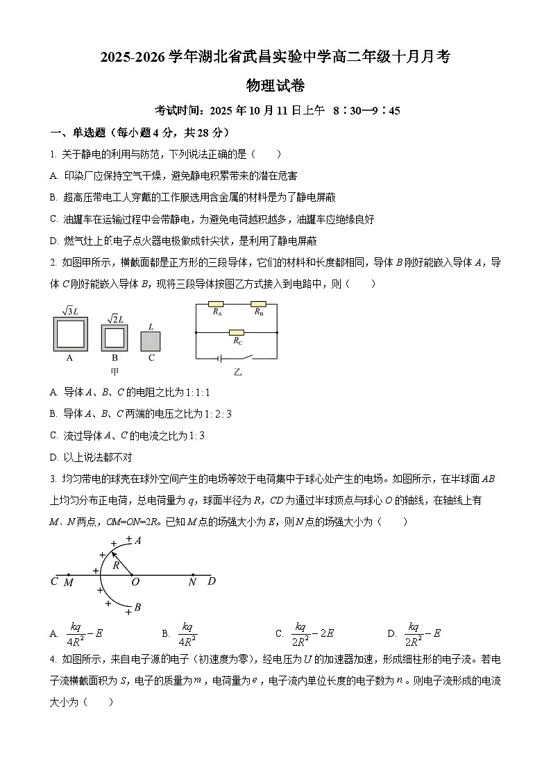 湖北省武昌实验中学2025-2026学年高二上学期10月月考物理试卷（原卷版）第1页