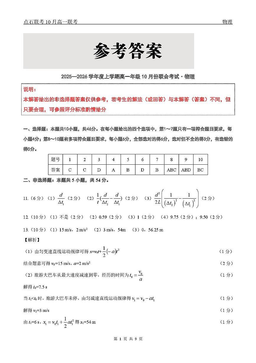 【点石联考】高一10月联考物理试题参考答案第1页