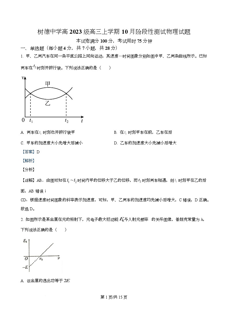 四川省成都市树德中学2026届高三上学期10月月考物理试题 Word版含解析第1页
