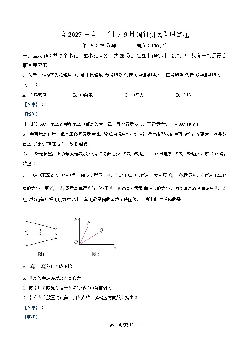 四川省攀枝花市第三高级中学2025-2026学年高二上学期9月调研测试物理试卷 Word版含解析第1页