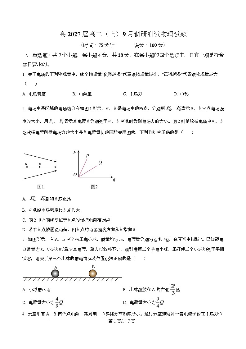 四川省攀枝花市第三高级中学2025-2026学年高二上学期9月调研测试物理试卷（原卷版）第1页