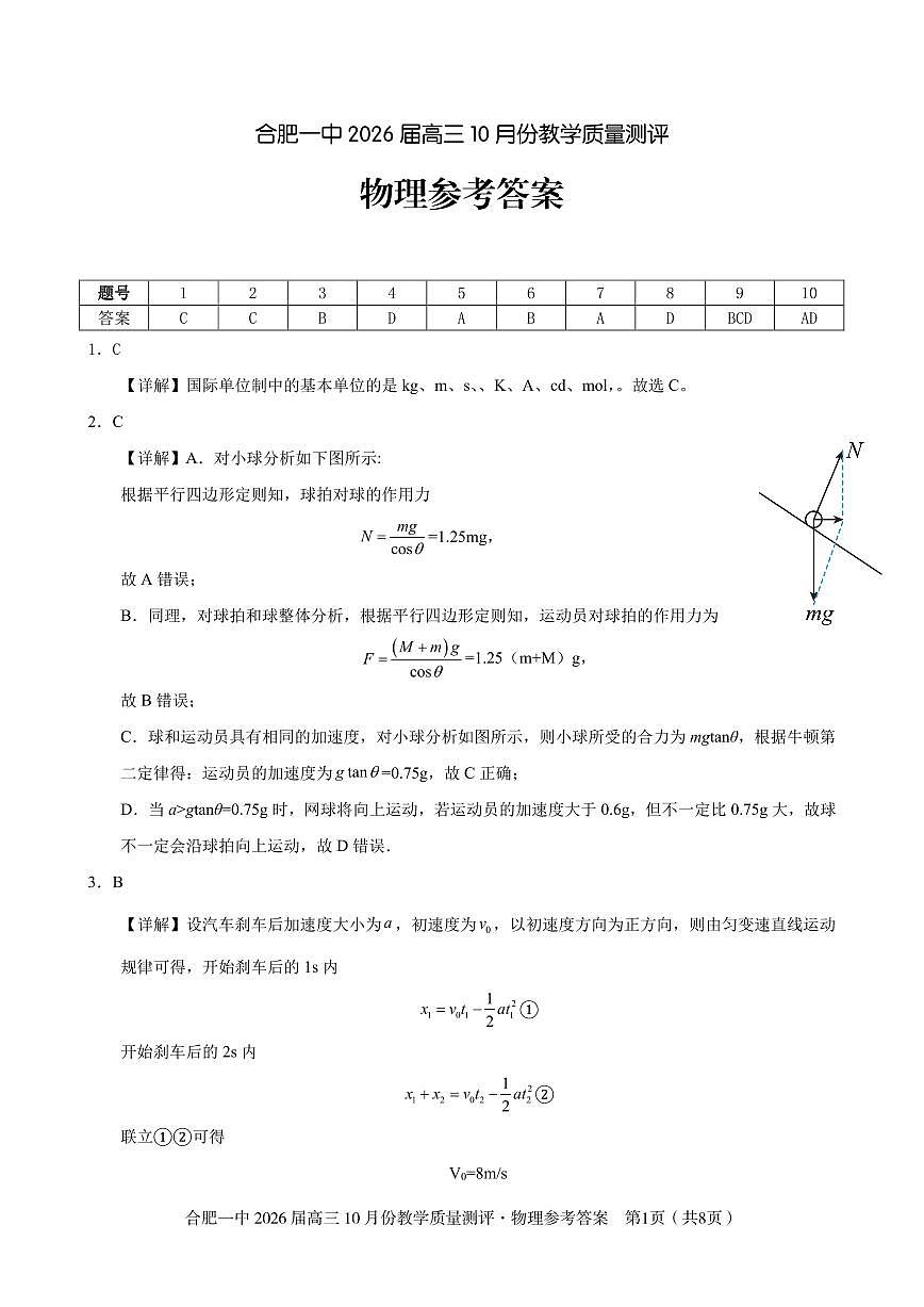 高三10月份教学质量测评物理参考答案第1页