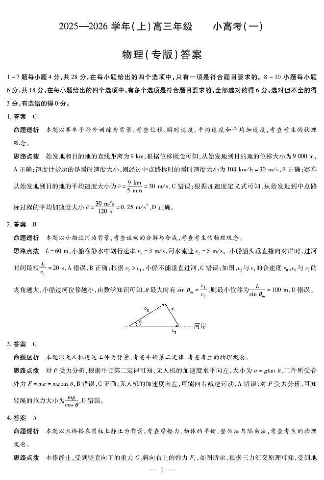 陕西、山西省（专版）2025-2026学年（上）高三年级小高考（一）物理答案第1页