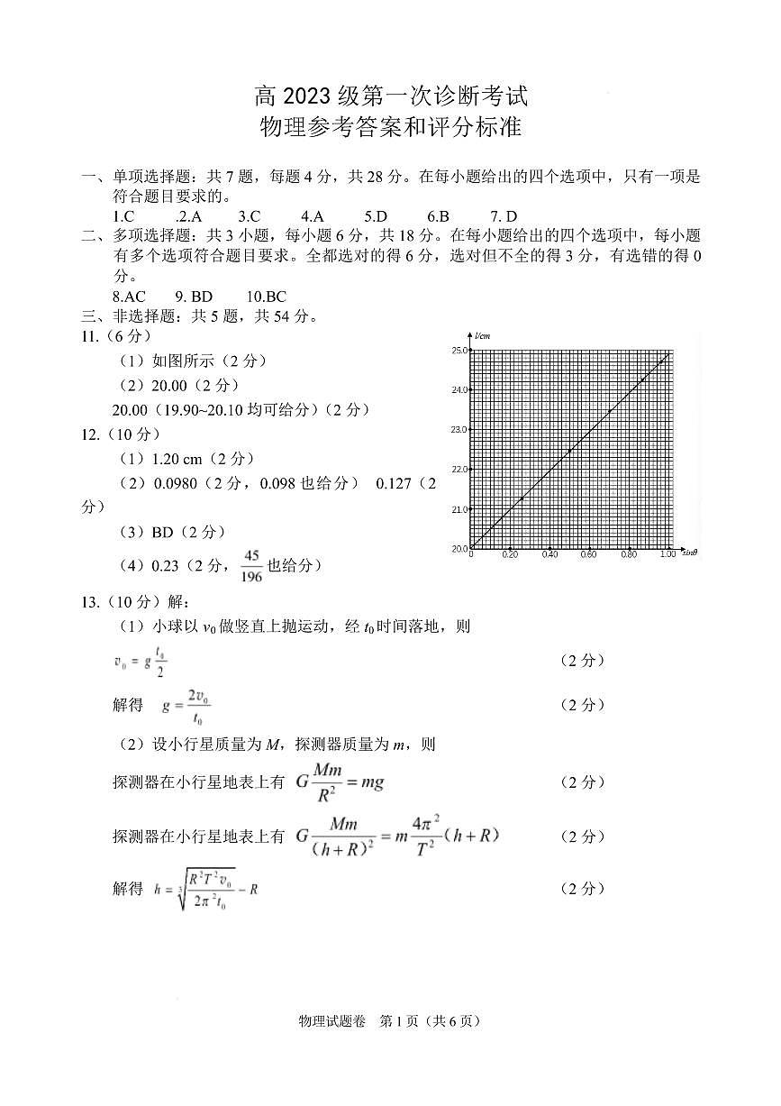“元三维大联考”2023级高三第一次诊断考试物理答案第1页