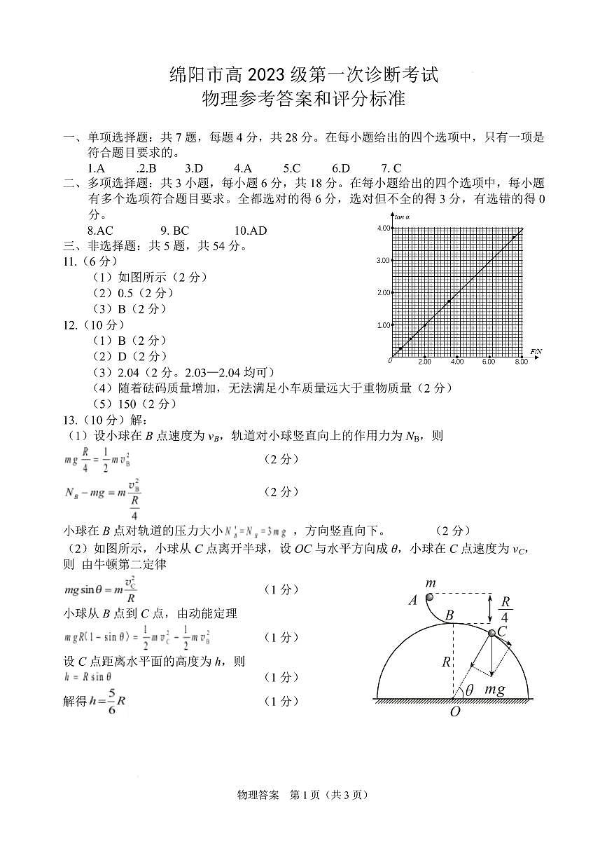 2026届绵阳高三上学期第一次诊断性考试物理答案第1页