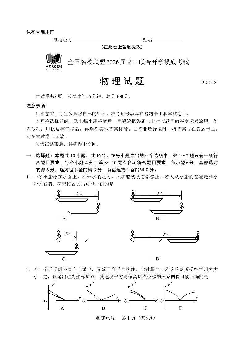 内蒙古全国名校联盟2026届高三联合开学摸底考试物理试卷第1页