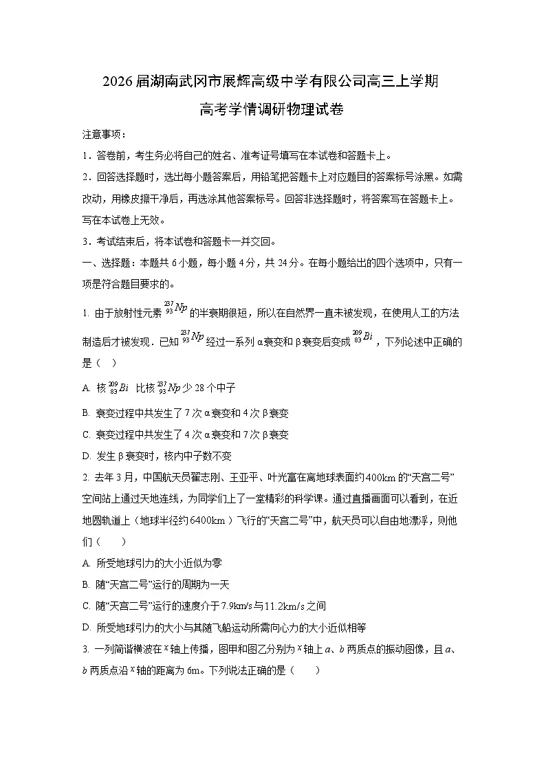 2026届湖南武冈市展辉高级中学高三（上）高考学情调研物理试题（学生版）第1页