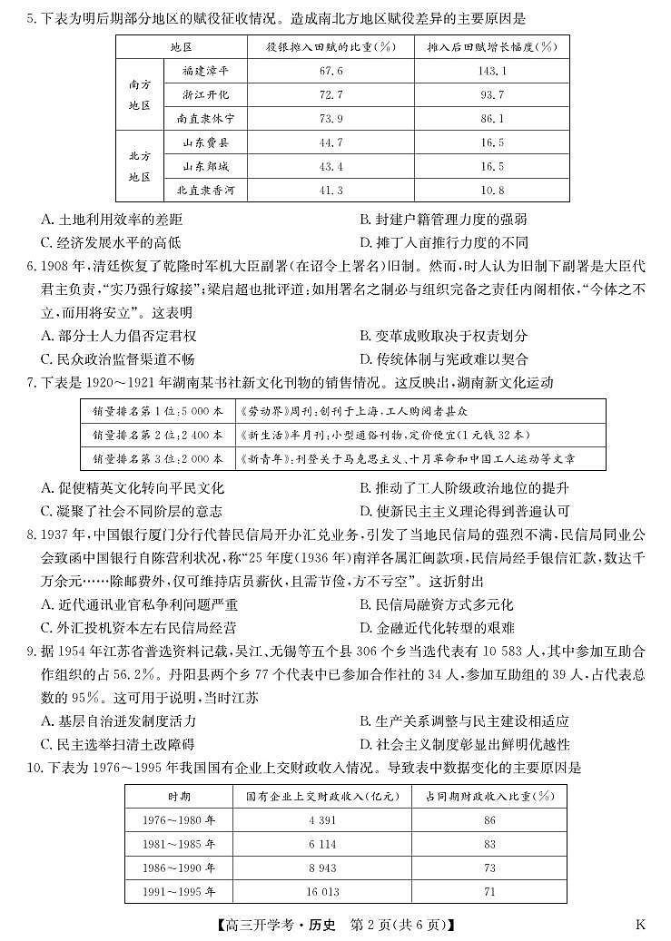 九师联盟2025届高三下学期2月开学考试历史第2页
