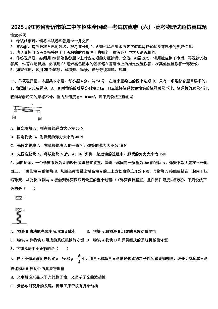 2025届江苏省新沂市第二中学招生全国统一考试仿真卷（六）-高考物理试题仿真试题第1页