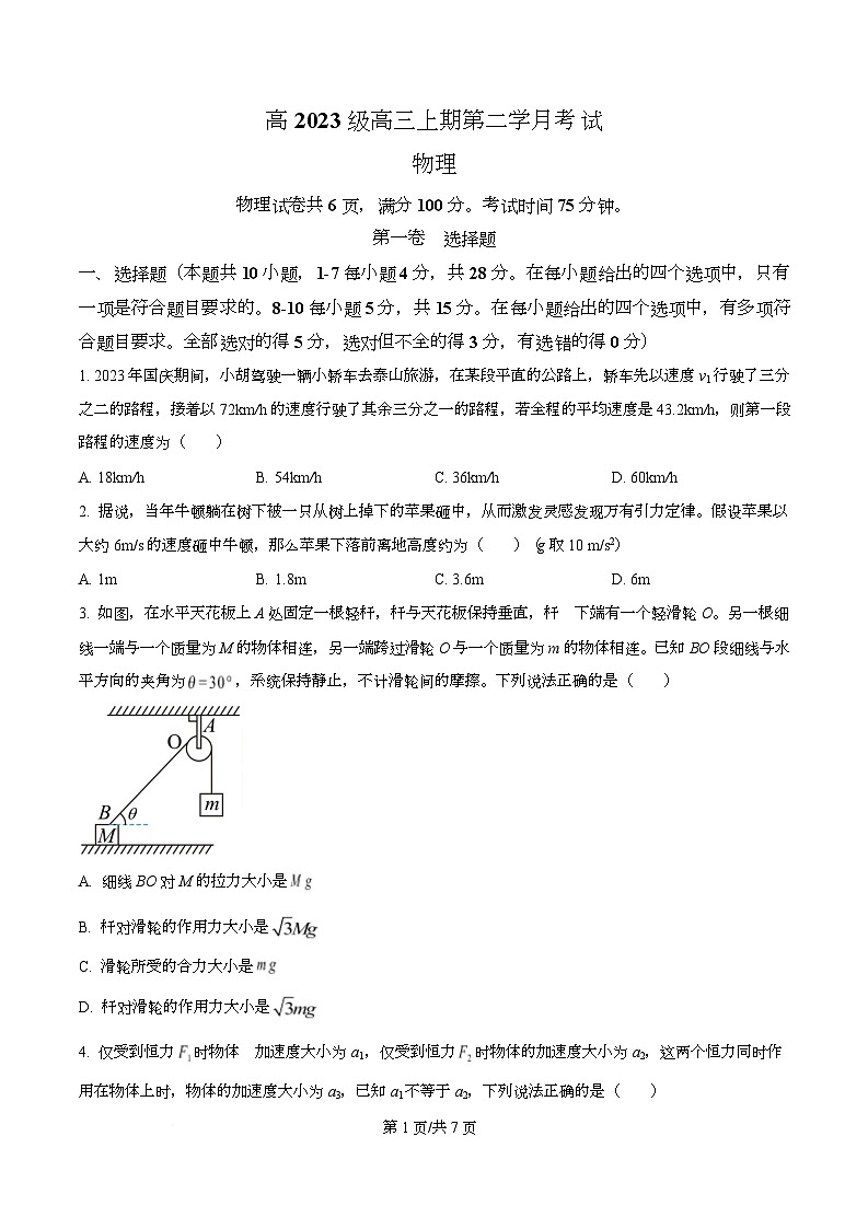 四川省泸州市泸县第五中学2026届高三上学期10月月考物理试题（原卷版）第1页