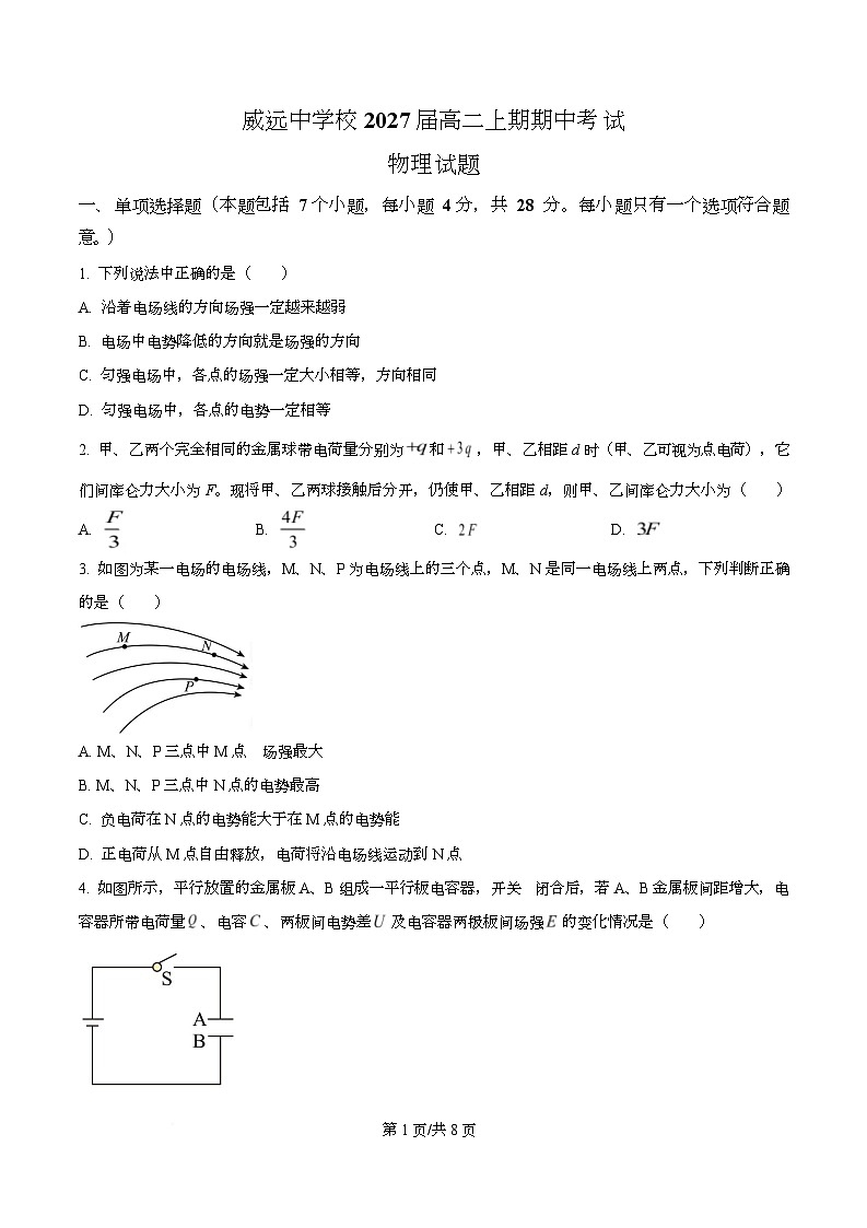 四川省内江市威远中学2025-2026学年高二上学期期中考试物理试题（原卷版）第1页