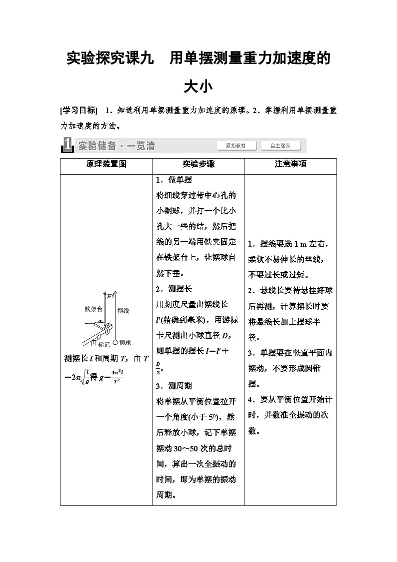 高考物理一轮复习讲义35　第七章　实验探究课九　用单摆测量重力加速度的大小第1页