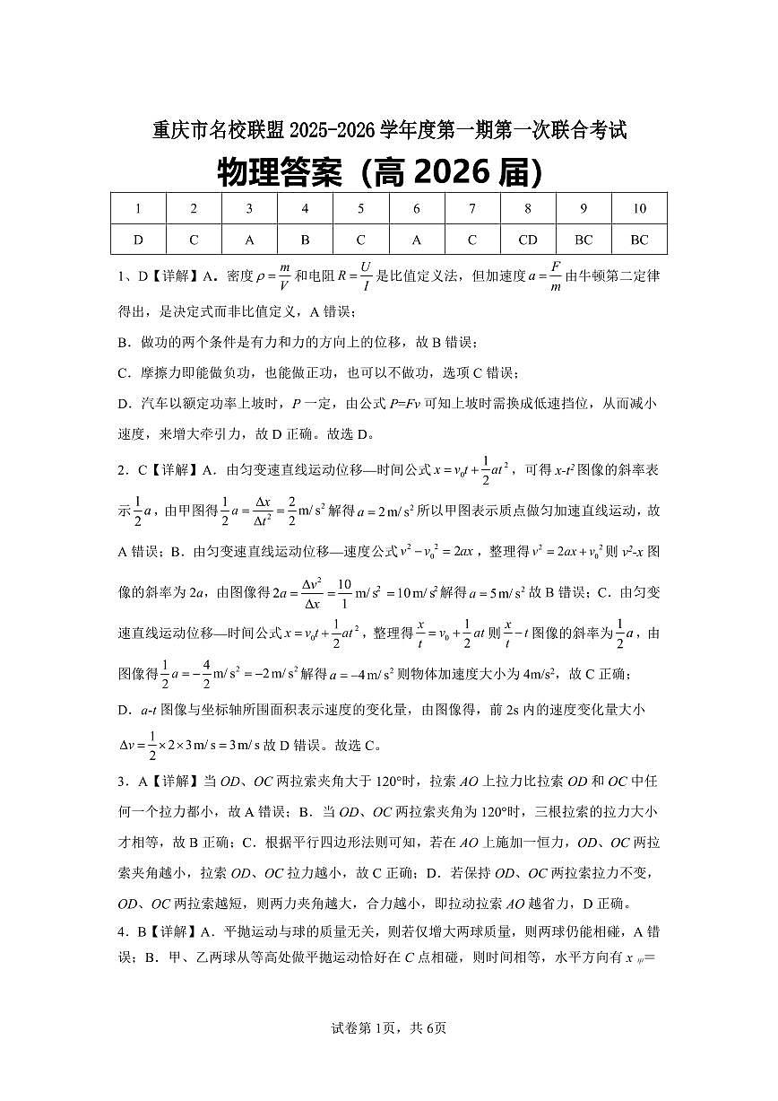重庆市名校联盟2025-2026学年度第一期第一次联合考试物理答案第1页