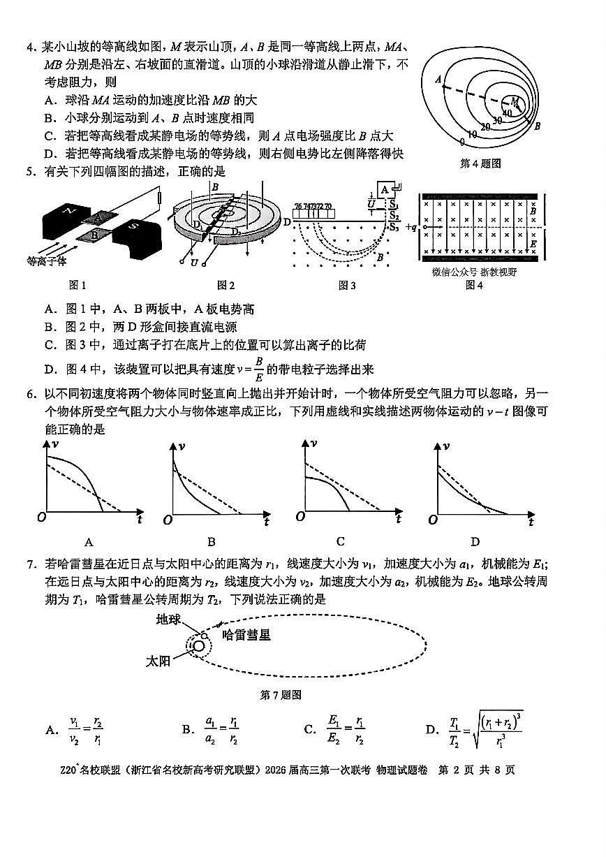 Z20+名校联盟（浙江省名校新高考研究联盟）2026届高三上学期第一次联考物理试卷+答案第2页