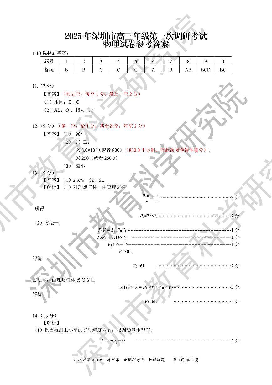 2025年深圳市高三年级第一次调研考试——物理答案第1页