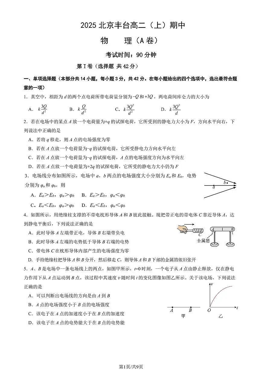 2025北京丰台高二（上）期中物理（A卷）（教师版）试卷第1页