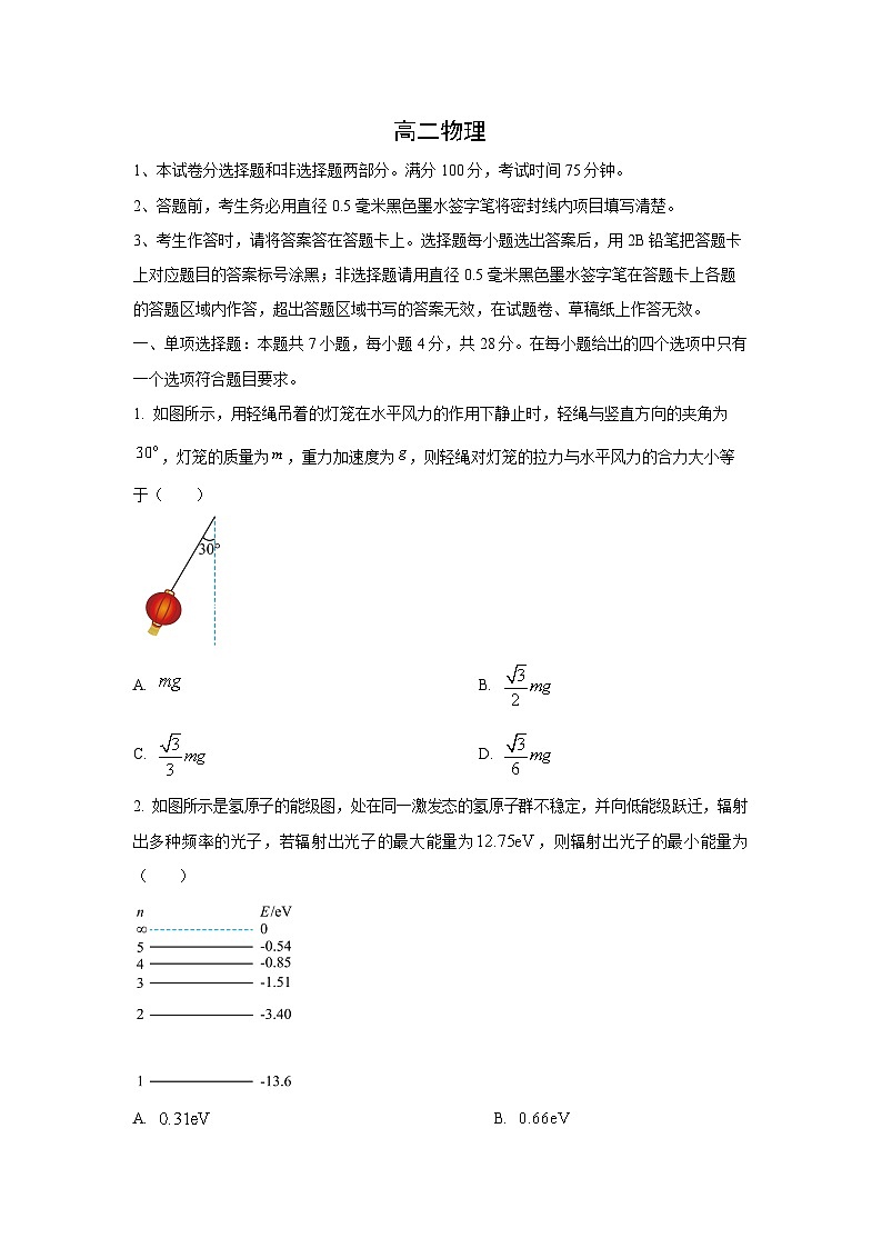 2024~2025学年河南省驻马店市九师联盟高二（下）6月月考物理试题（学生版）第1页