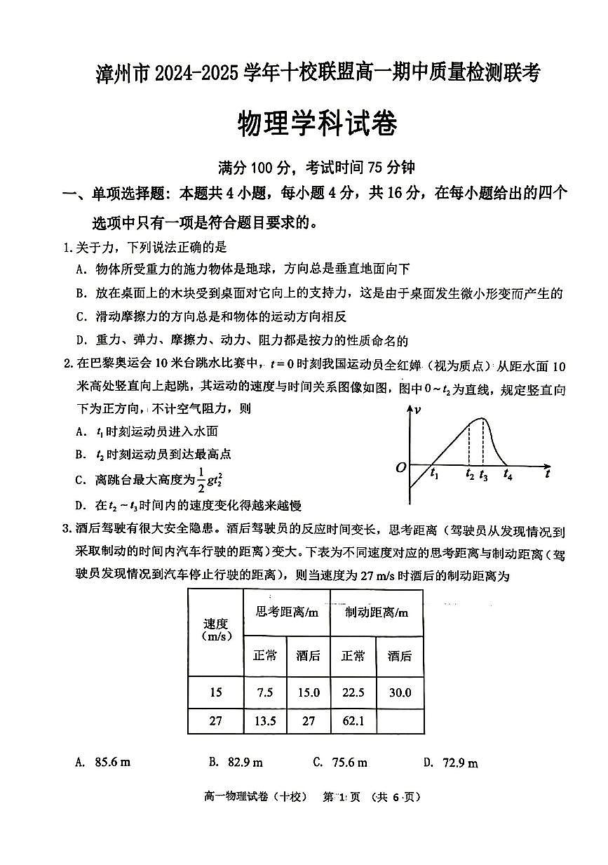 福建省漳州市十校联盟2024-2025学年高一上学期期中物理试题含答案第1页