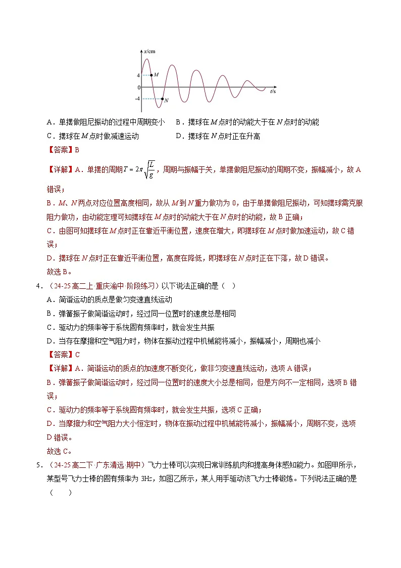 6. 受迫振动 共振（培优考点练）（解析版）第3页