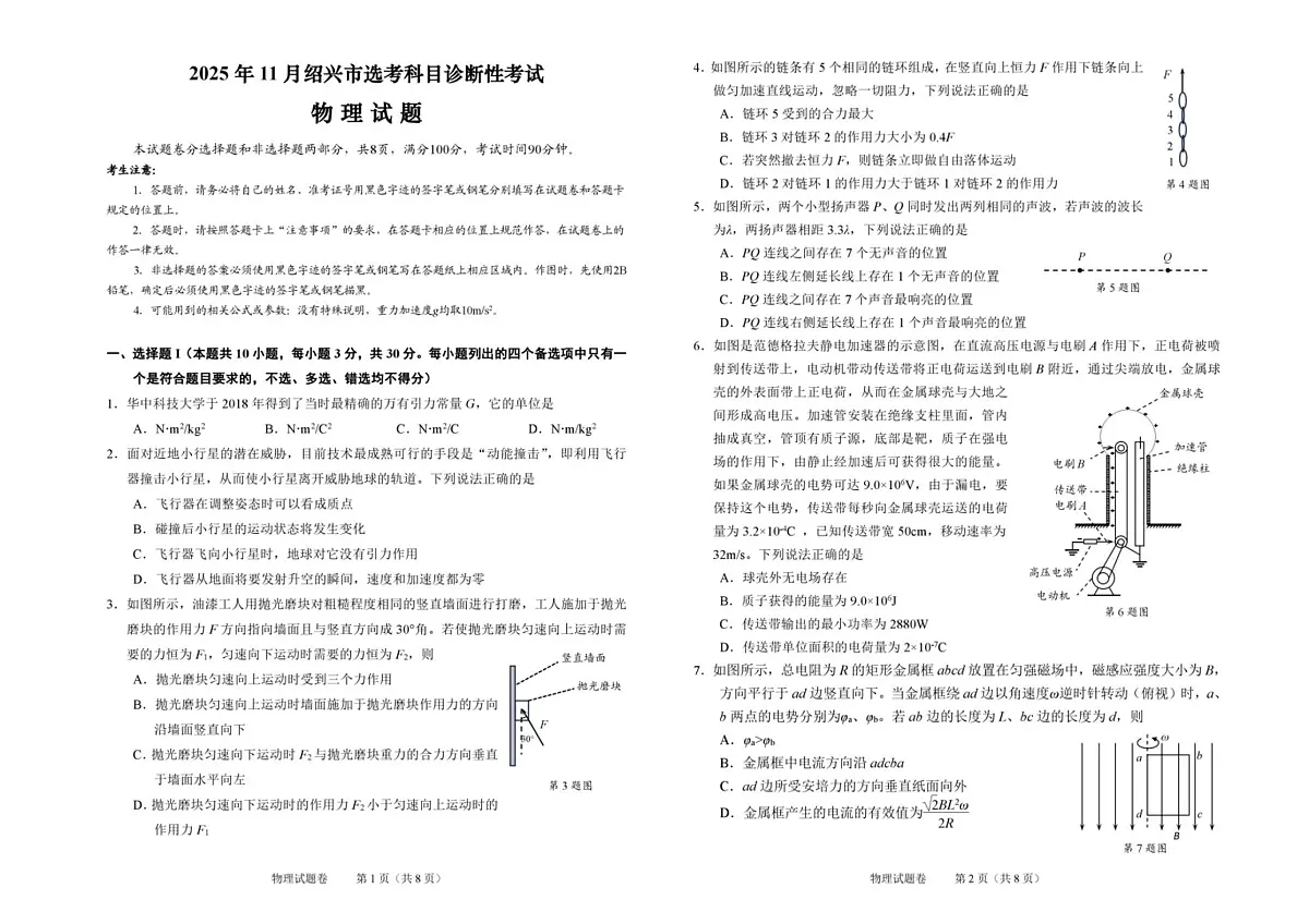 浙江省绍兴市2026届高三上学期11月第一次模拟物理试卷+答案第1页