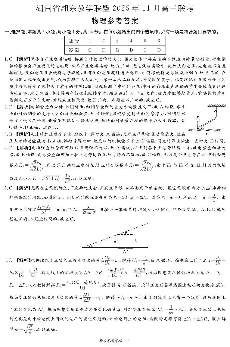 2026届湖南湘东教学联盟高三上学期一模联考物理答案第1页