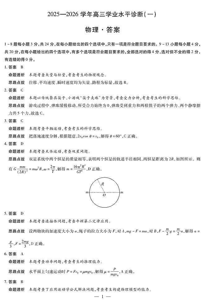 海南省2025—2026学年高三学业水平诊断（一）物理答案第1页